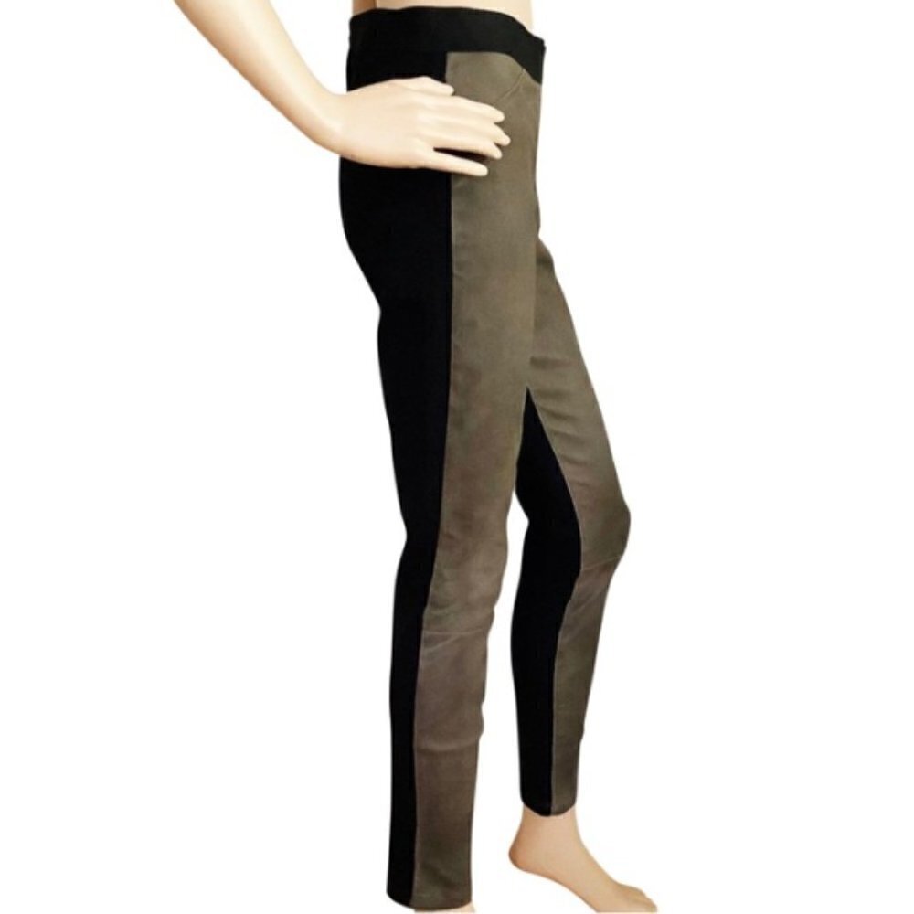 Theory "Cullen" Leather & Stretch Twill Pants - Leggings, Olive/Black